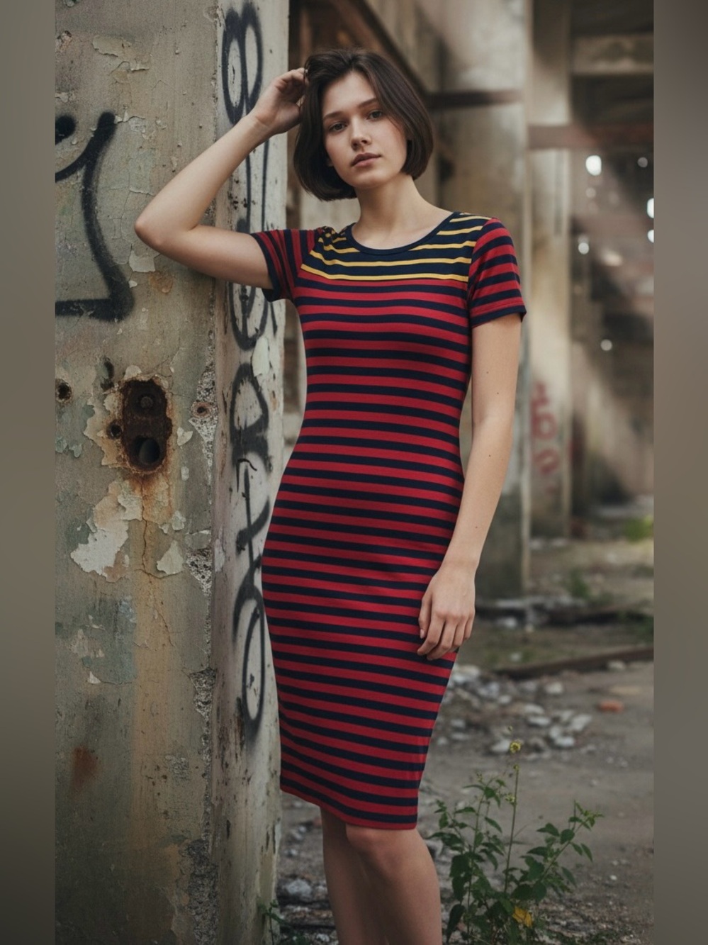 LuLaRoe Julia Striped Midi Dress in Red, Black and Yellow Accent
